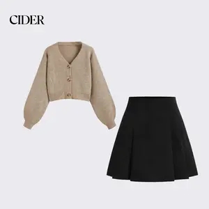 Cider [size 2-10] Knit V-neck Solid Button Crop Cardigan & Corduroy Mid Rise Pleated Mini Skirt
