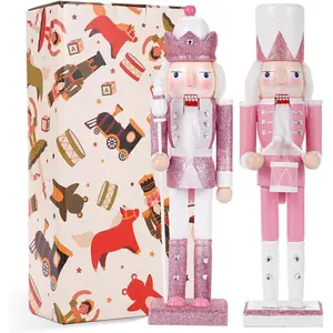 2 Pcs 12 inch Traditional Wooden Nutcracker Soldier Figures Christmas Decorations Gift for Table Desktop Fireplace