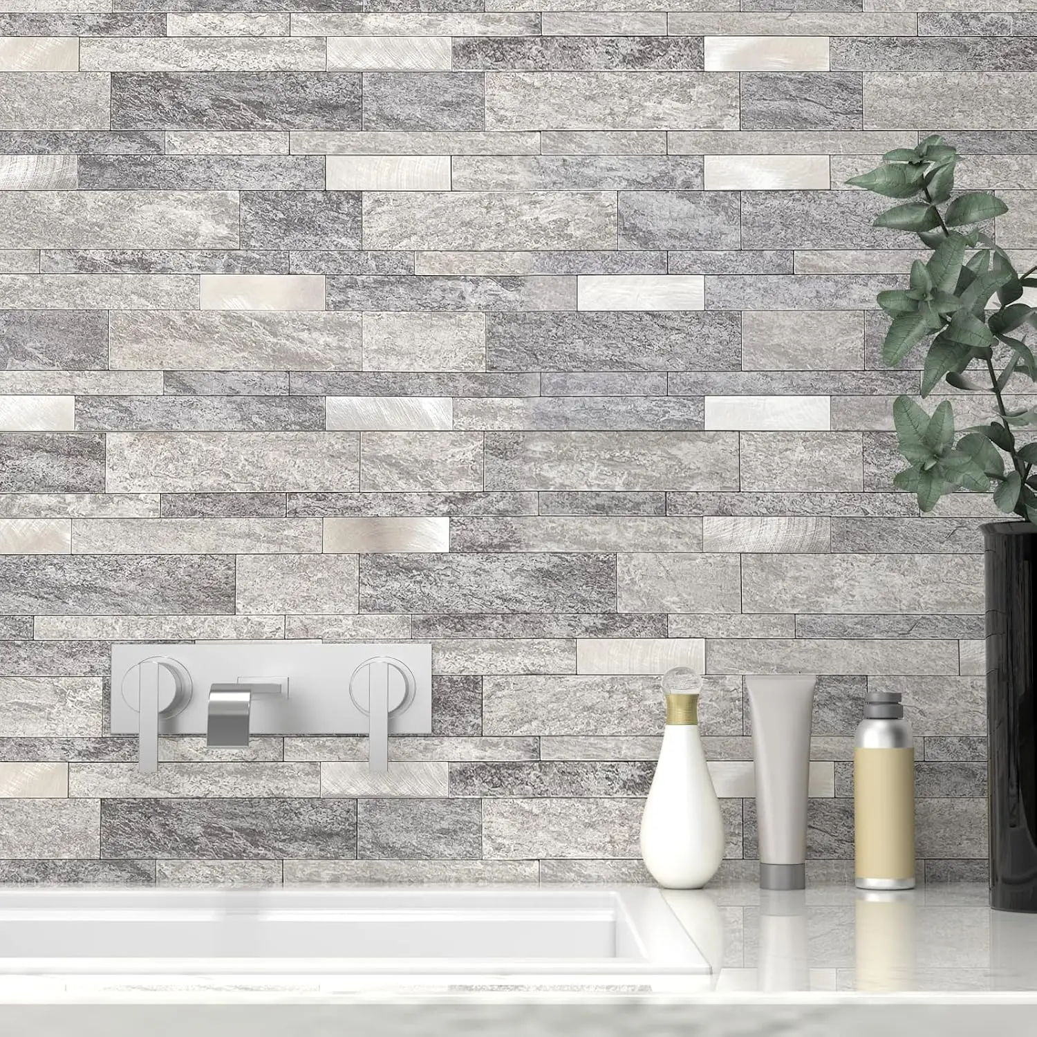 Peel-and-Stick Stone Linear Mosaic Backsplash Tile, Gray (10pcs) for Kitchen, Bathroom Shower Wall Decor