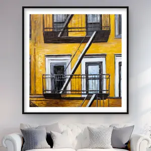 212 MAIN 48x48 in. Framed Matted Print Wall Artwork - Old Fire Escape Urban Building Scene Photo, Modern Design Artistic Home Decoration for Room (C1FM48484S39AI)