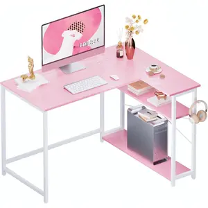43 Inch L Shaped Computer Desk with Reversible Side Storage Shelves, Small Corner Desk for Small Space Home Office,Writing Study Table PC Desk for Bedroom,Pink with White Leg