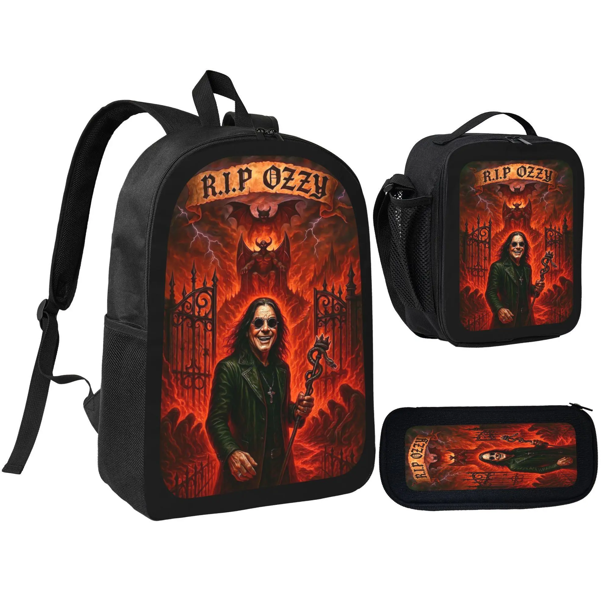 [3Pcs Backpack Set] R.I.P Ozzy Gothic Rock Star Skull Bat Hell Gate Print with Lunch Bag Pencil Pouch School Bag for Teen Boys Girls Heavy Metal Music Fans Daily Use