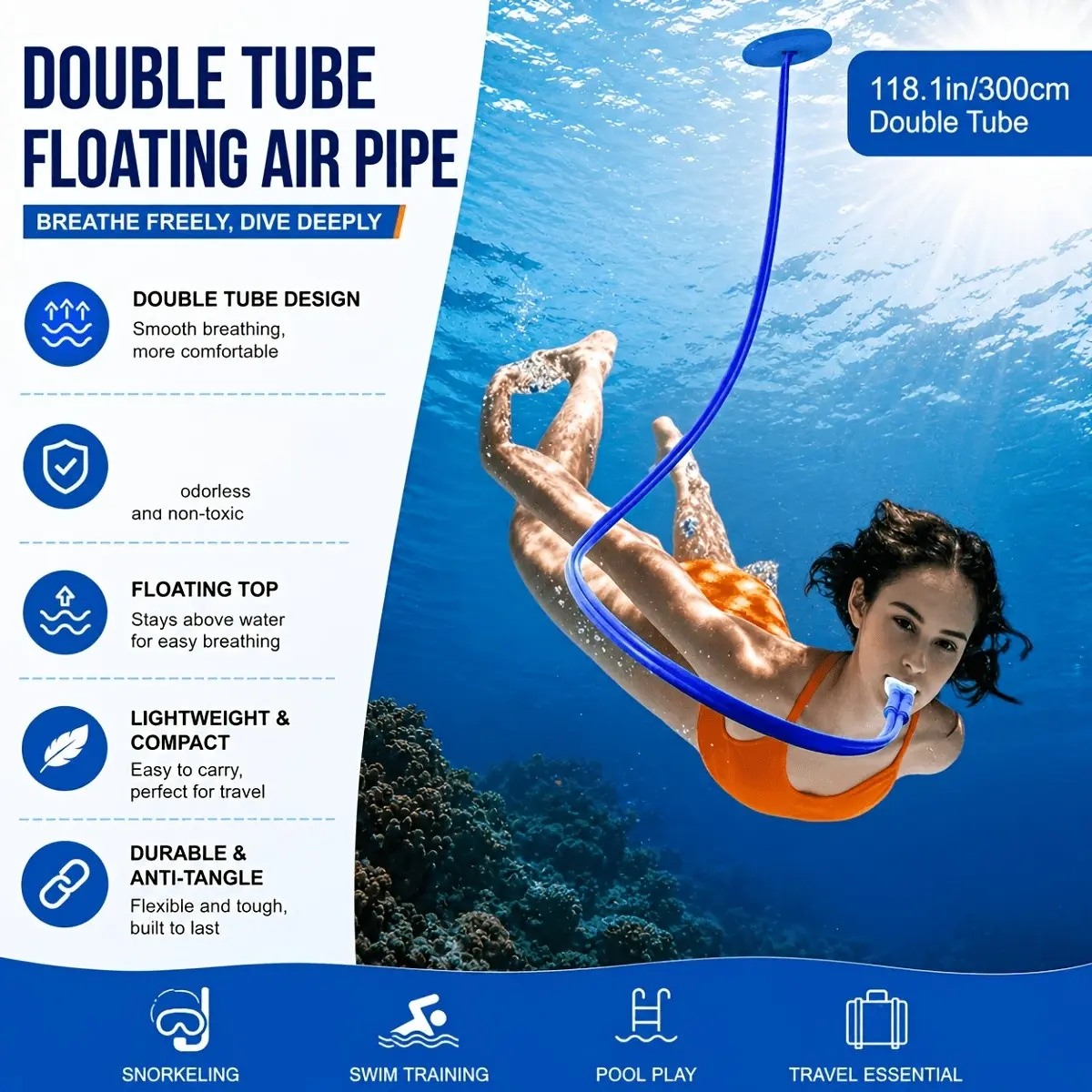 Dual Tube Scuba Snorkel, Anti-Choke Dual-Head Respirator, Silicone Material, Leak-Proof Design, Deep Water Oxygen Equipment for Beginners Adults, Snorkeling Gear