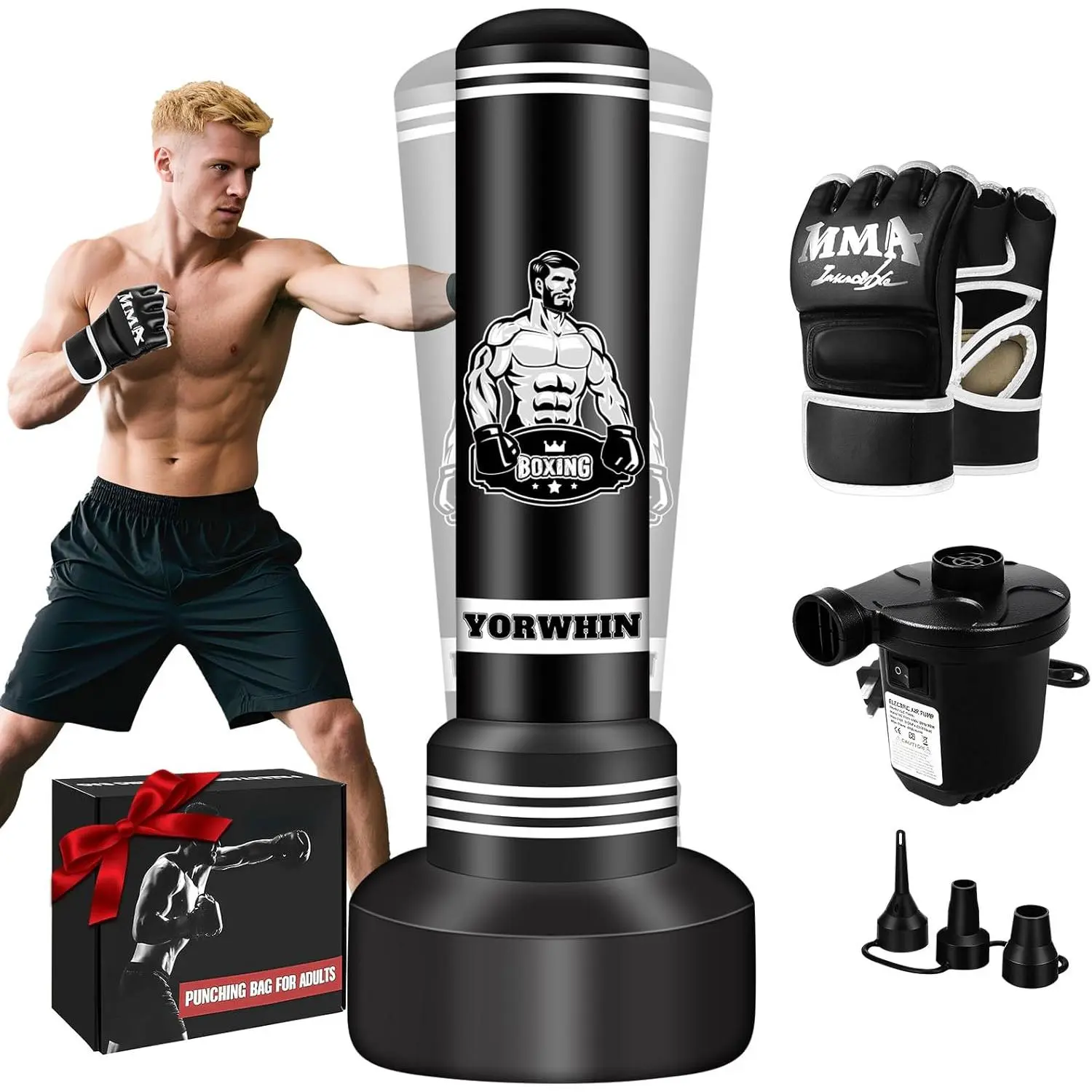 Heavy Punching Bag for Adults Teens, 70'' Standing Boxing Kicking Bag Freestanding Heavy Bag with Gloves and Electric Air Pump, Men Kickboxing Bags for Beginners Training MMA Muay Thai Fitness
