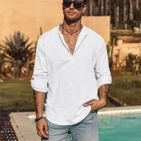 Coofandy Men's Simple Cotton Linen Henley Shirt, Slim Fit Long Sleeve Tops for Business Casual, Beach, Jeans,back to school,back to school shopping, Beach Wear, Fashion