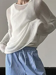 INCERUN Men's Fall Casual Hollow Out Solid Color Round Neck Knit Sweater, Fashion Versatile Long Sleeve Top, Stylish Men's Clothing