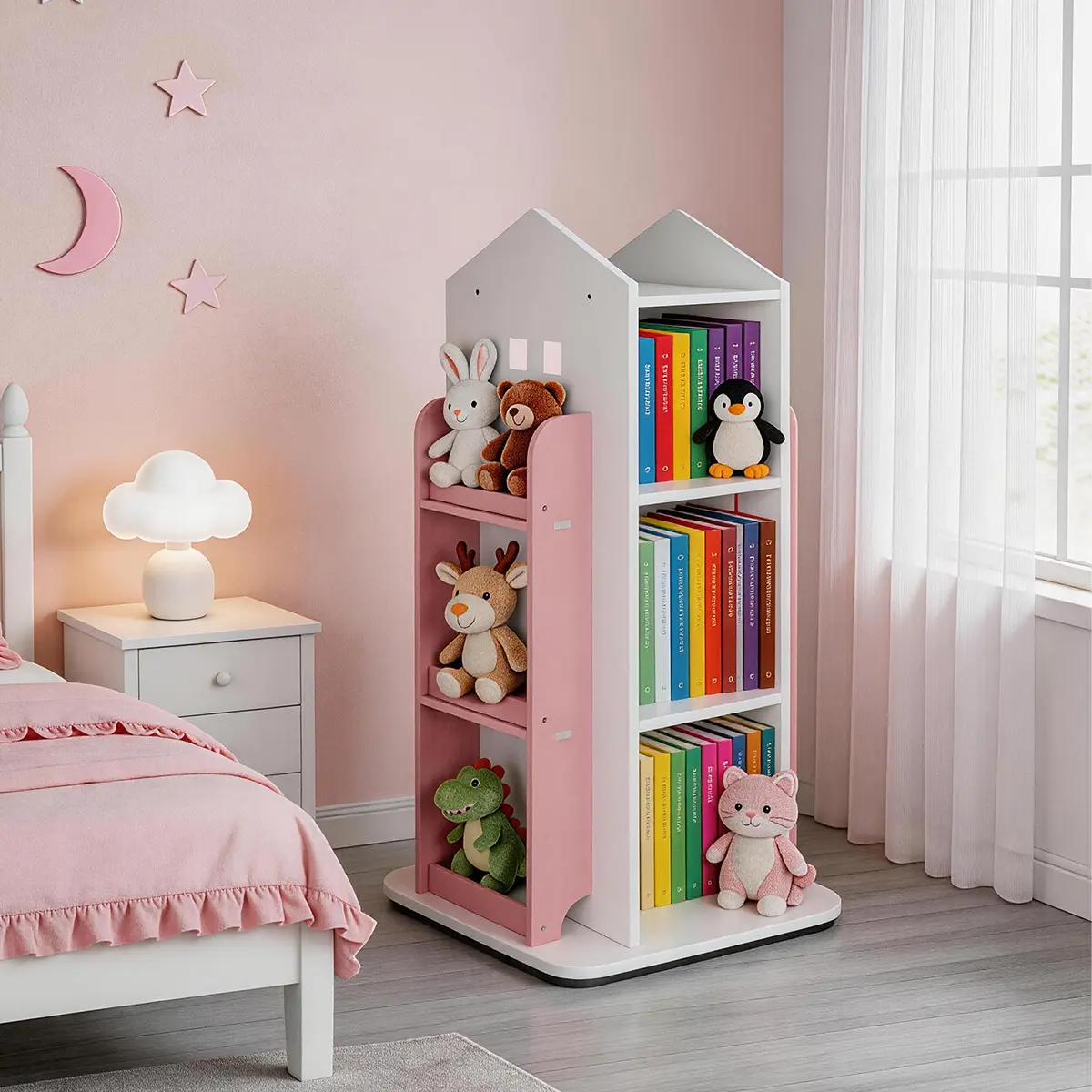 Rotating Kids Bookcase,Pink Rotating Corner Shelf for Kids Toddlers Playroom Study Room