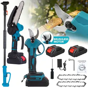 3-in-1 Cordless Pole Saw & Mini Chainsaw Garden Tools Set with 2 Batteries, Extension Pole, Garden Scissors for Tree Trimming, Limb Branch Cutter for Outdoor Use, Father's Day Gift