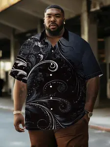 Men's Silver Baroque Shirt, Vintage Dark Colorblock Plus Size, Summer Breathable Casual Daily Wear, Loose-Fitting All over Print