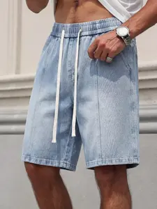 Men's Summer Light Blue Washed Distressed Denim Shorts, Loose Fit Street Style, Faux Fur Fringe Hem, Casual Fashion