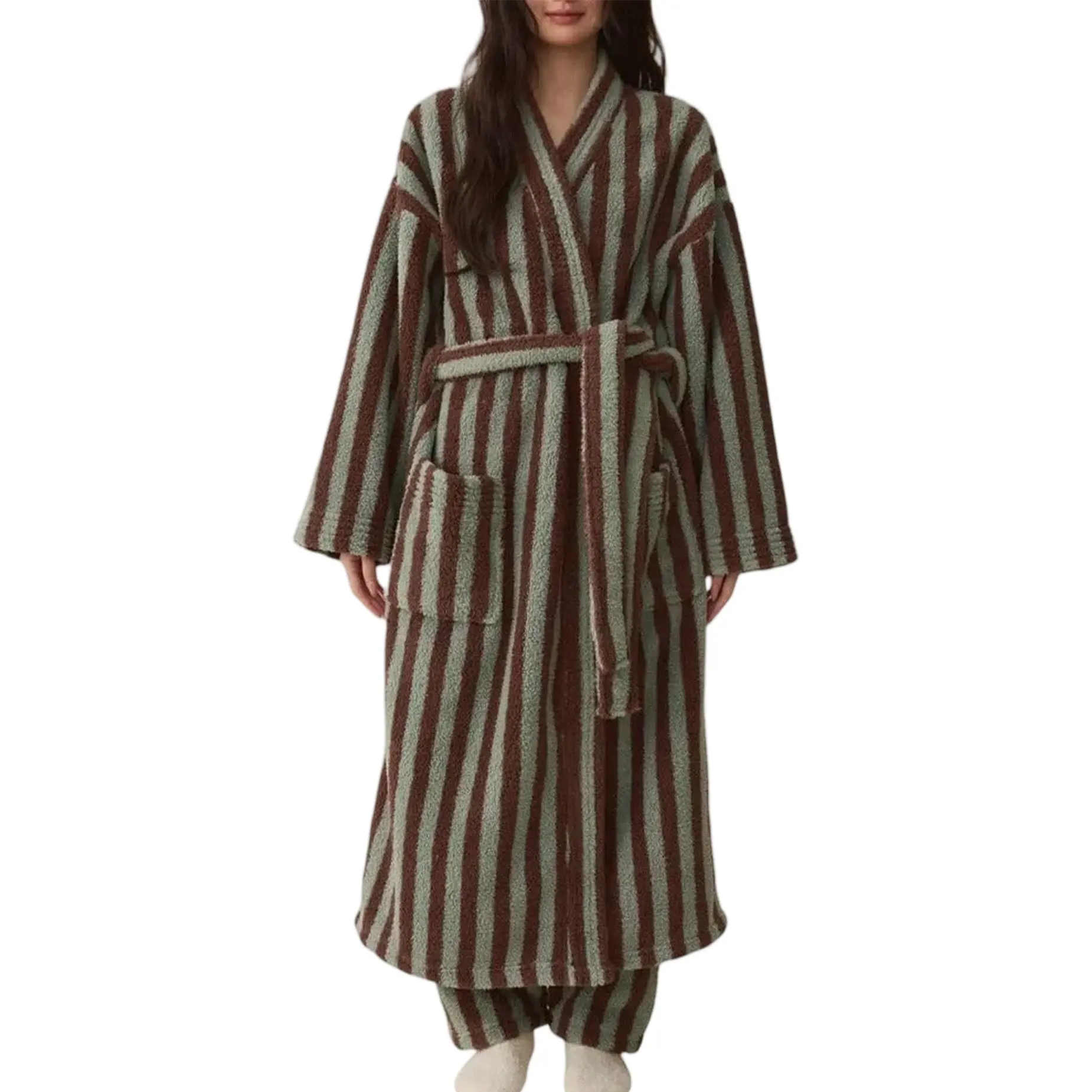 Hixiaohe Unisex Striped Fuzzy Bathrobe Tie Flannel Plush Long Kimono Robe Warm Winter Loungewear with Self Tie Belt