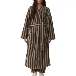 Hixiaohe Unisex Striped Fuzzy Bathrobe Tie Flannel Plush Long Kimono Robe Warm Winter Loungewear with Self Tie Belt