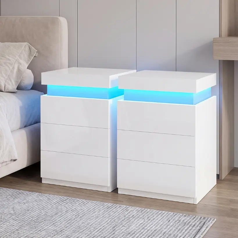 LIKIMIO Modern Night Stand with Charging Station, LED Light and 2-3 Drawers - Furniture for Small Spaces, Bedroom Bedside Table/End Table,dorm essentials,home decor