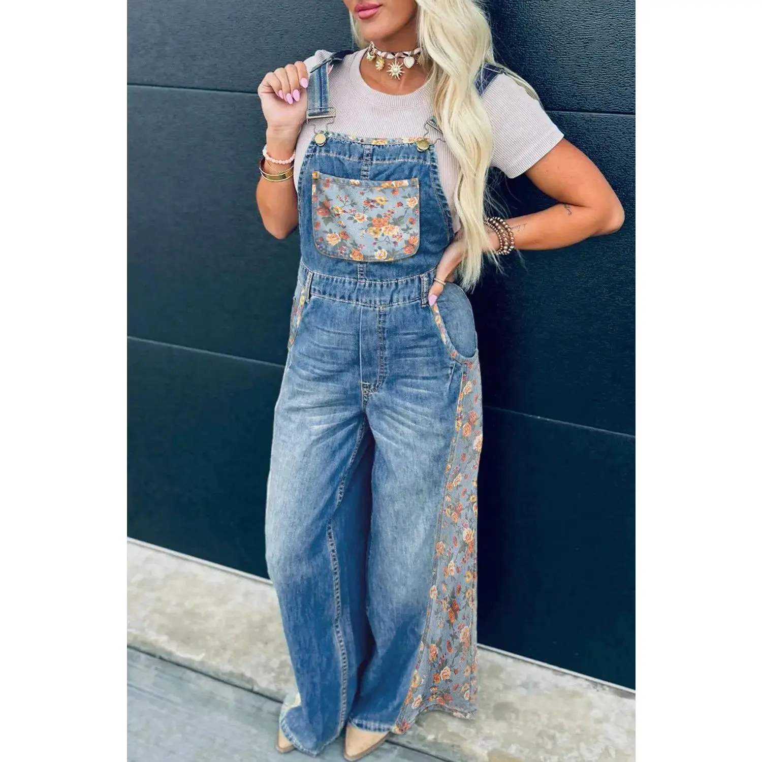 Peacock Blue Floral Patchwork Bib Denim Wide Leg Overalls