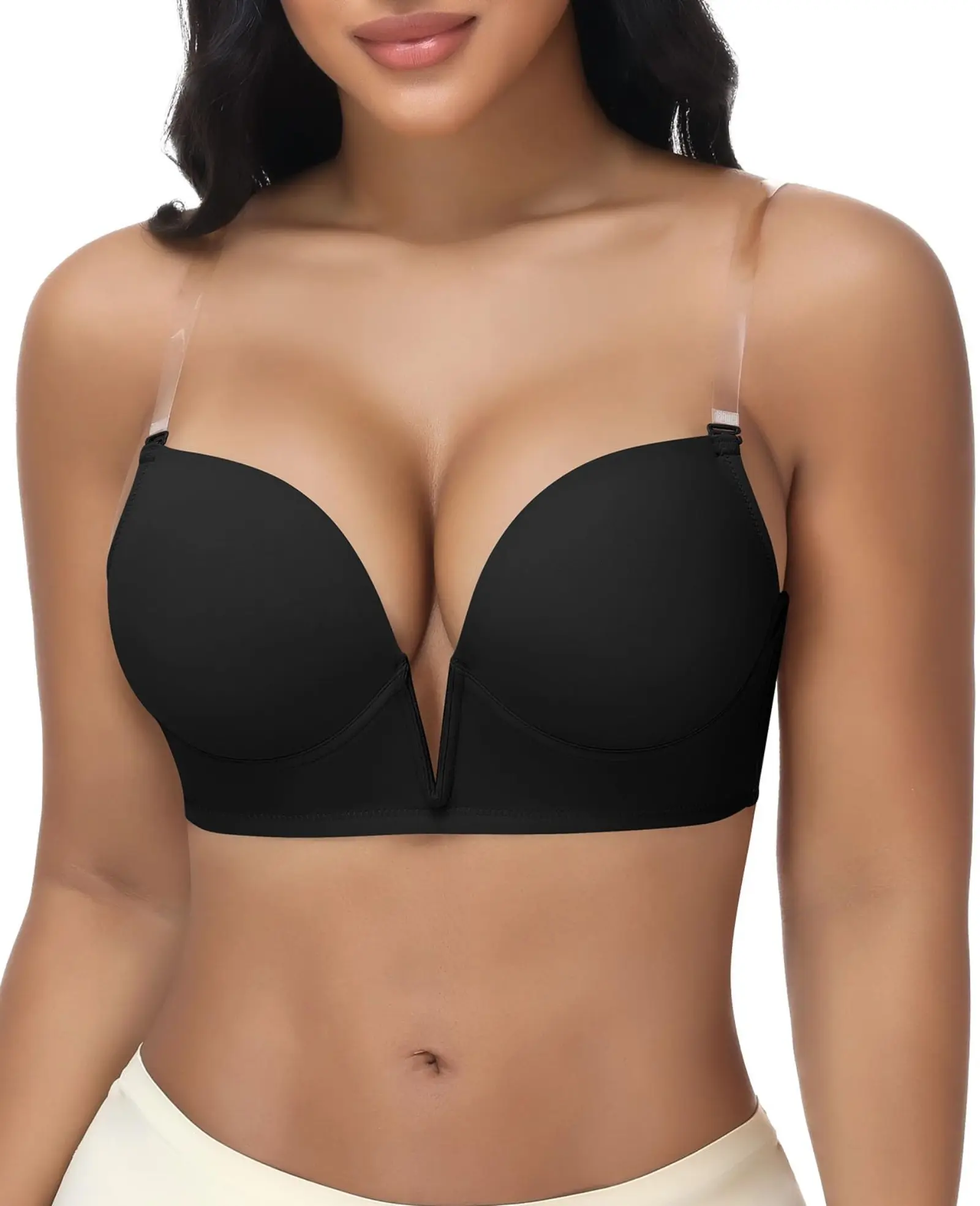 Joyshaper Plunge Bras for Women Low Cut Clear Straps Dress Bra Convertible Padded Push Up Bra Cleavage Backless Bra