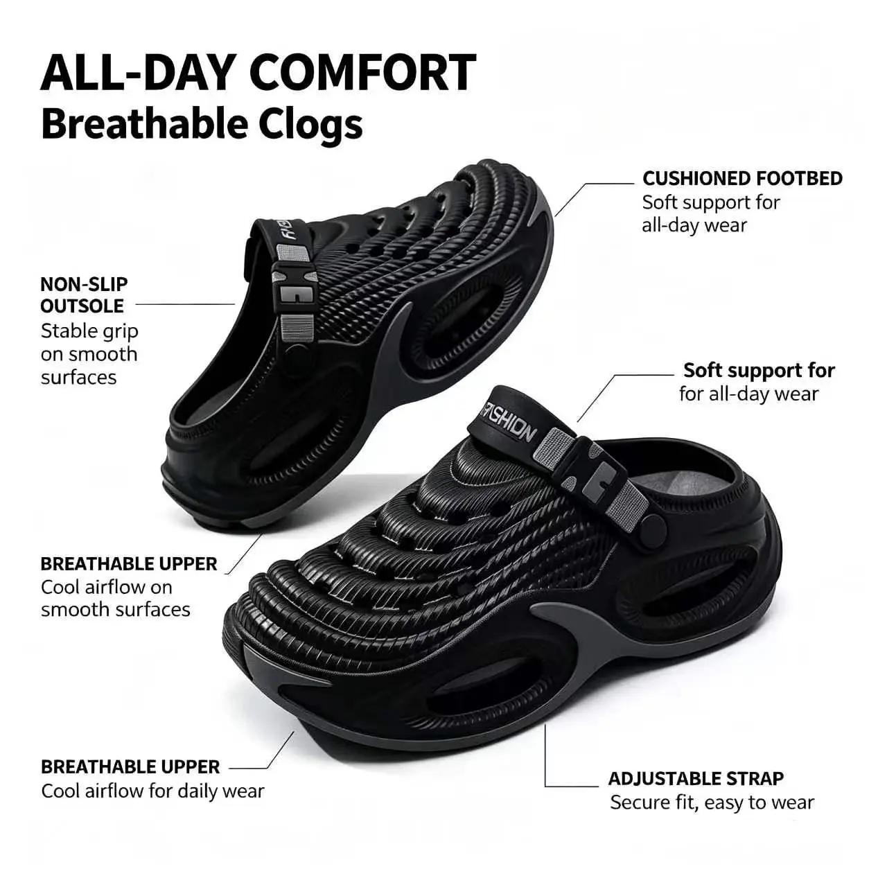 Unisex Preppy Minimalist Cloud Slides, Waterproof EVA Platform with Air Cushion and Adjustable Heel Strap for Beach & Outdoor Walking, Walking Shoes, Slipper, Footwear, Rubber