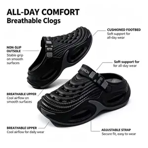 Men's Cloud Slides Footwear - Thick Platform, Air Cushion, Adjustable Heel Strap, Non-Slip, Waterproof EVA Open-Toe, Plain Color Hollow, Unisex Design, Chic for Sweet Party, Dances, Outdoor Daily Use Black Shoe Summer Walking Shoes