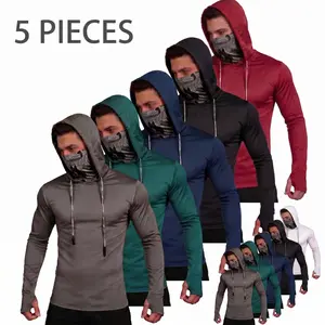 5-Pack Men’s UPF 50+ Sun Protection Hoodie, Quick Dry Rash Guard Long Sleeve UV Shirt With Face Gaiter & Thumb Holes, 2 Color Sets For Fishing Hiking Yard Work Beach