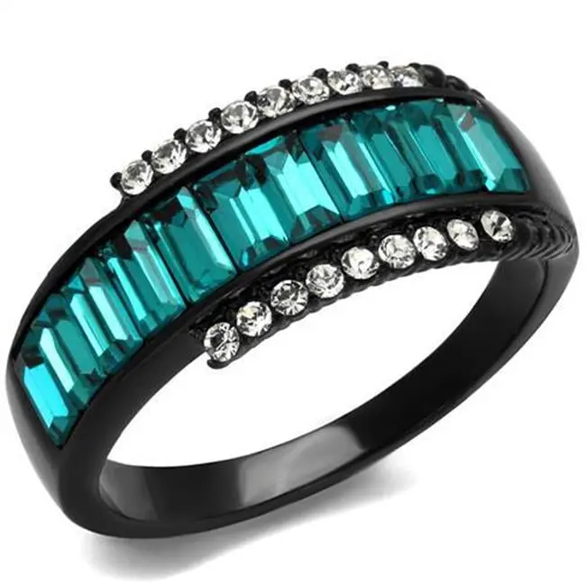 Women's IP Black Stainless Steel Ring - Size 7, Top Grade Blue Zircon Crystal Accent Natural Crystal Ring