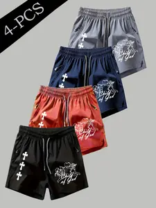 4-Pack Men's Ice Silk Quick-Dry Gym Shorts, Cross & Angel Print, Drawstring Waist, Zip Pockets, Breathable, Sporty, All Seasons