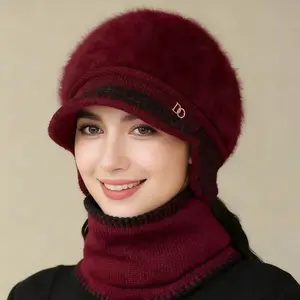 Women's Cold Weather Essential: Fleece-Lined Ear Protection Hat & Scarf Set - Visor Brim Beret, Thickened Warm Winter Caps