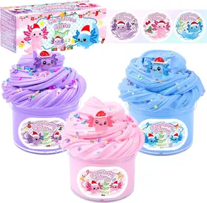 Summer Spring Gift 3 Pack Christmas Butter Slime Kit, Scented Axolotl Slime with Pink, Blue, Purple Axolotl Charms, Soft, Non-Sticky, Goodies Bag Toy for Christmas Party Favors
