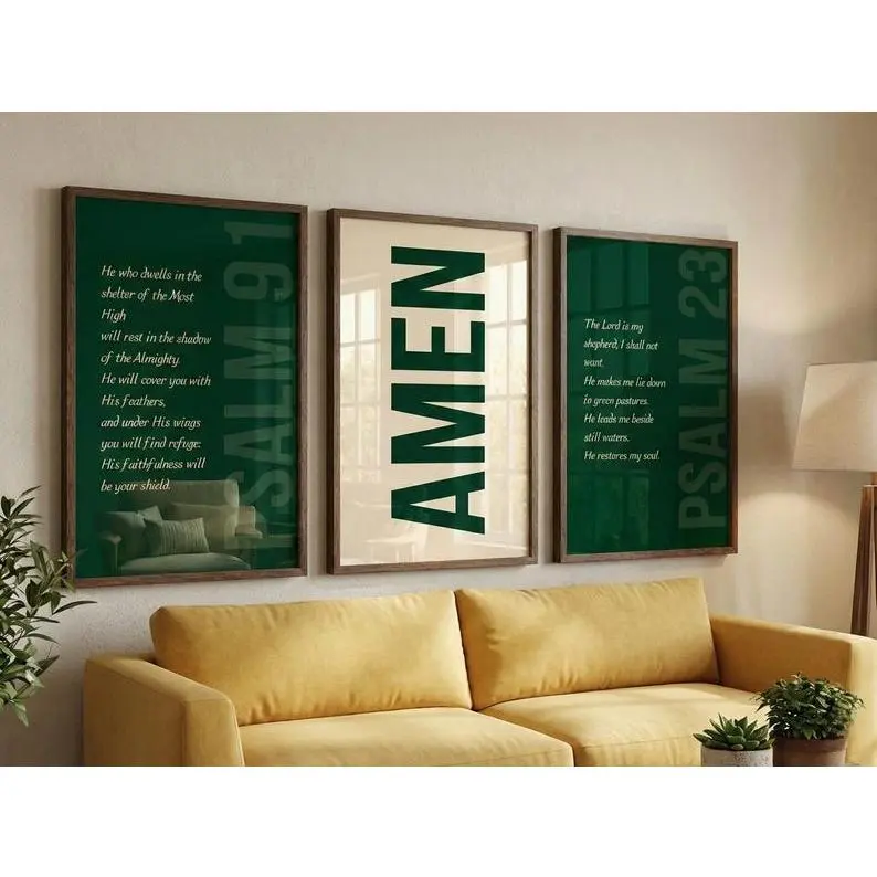 Psalm 91 & Psalm 23 Scripture Wall Art Set of 3, Amen Print, Emerald Green Christian Home Decor, Modern Bible Verse, Minimalist Faith poster