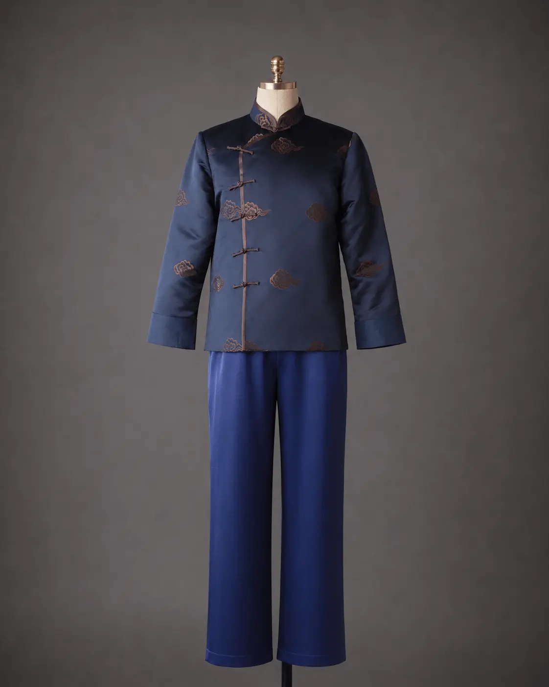 Navy Charcoal Silk Brocade Tang Suit with Lucky Cloud Pattern