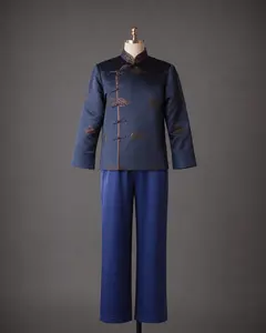 Navy Charcoal Silk Brocade Tang Suit with Lucky Cloud Pattern