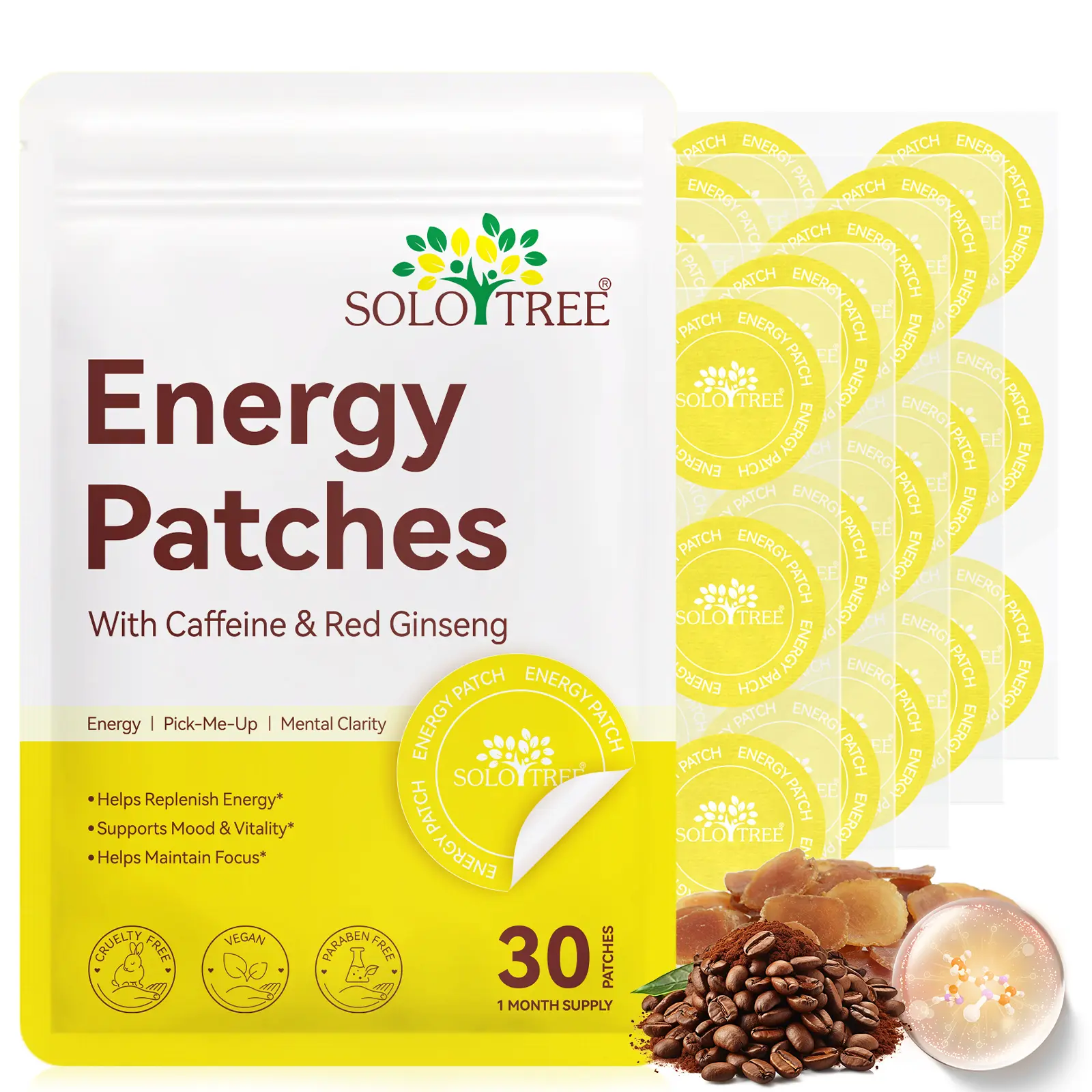 SOLOTREE Energy Patches 30p/Pack, Infused With Caffeine, Red Ginseng & Vitamin B12, Gentle & Non-Irritating, Delivers Vitamins & Extracts Through Skin For Optimal Nutrient Absorption.