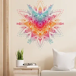 2pcs Colorful Gradient Mandala Flower Wall Stickers, Removable Self-Adhesive DIY Decor for Living Room, Yoga Room & Meditation Space