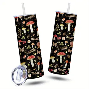 1pc 20Oz Personalized Stainless Steel Water Cup with Plant And Mushroom Patterns, Double-Layer Heat Insulation And Leak-Proof, Perfect for Both Cold And Hot Drinks, It Is an Excellent Gift for Friends And Family Water Cup