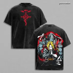 Edward & Alphonse Fullmetal Alchemist Vintage Washed Oversized T-Shirt, Double Printed Heavy Cotton Anime Tee, Manga Streetwear Graphic Top for Otaku Fans T-shirt COH 9D6
