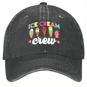 S&T Ice Cream Team Baseball Cap - Black, With Colorful Ice Cream Cone Design, Adjustable Size, Lightweight And Breathable, Suitable For Outdoor Sun Protection, Casual Sun Hat |   Optimistic Design Hat |   Machine Washable Hat, Ice Cream