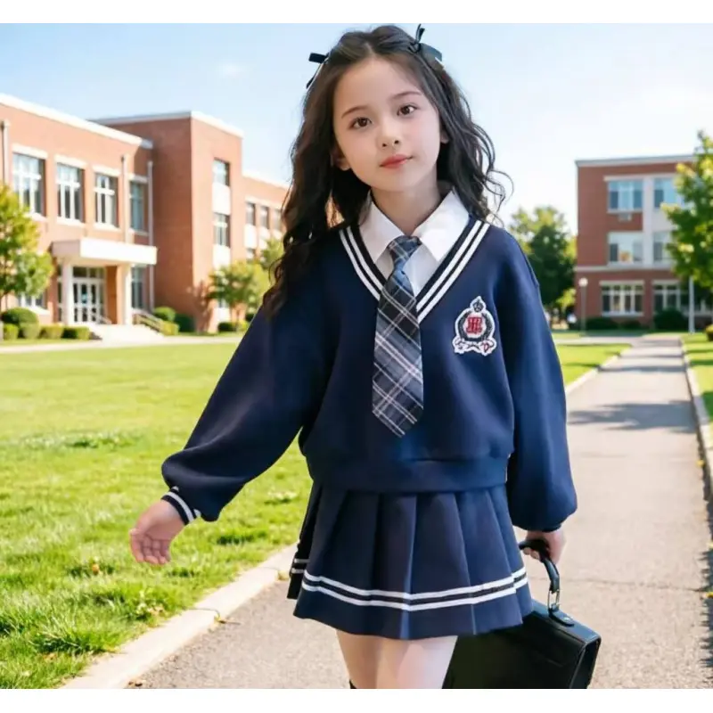 Teen Girl's Campus Style Two-Piece Set: Short Loose-Fit Long-Sleeve Sweatshirt Jacket + Striped Pleated Skirt with Tie