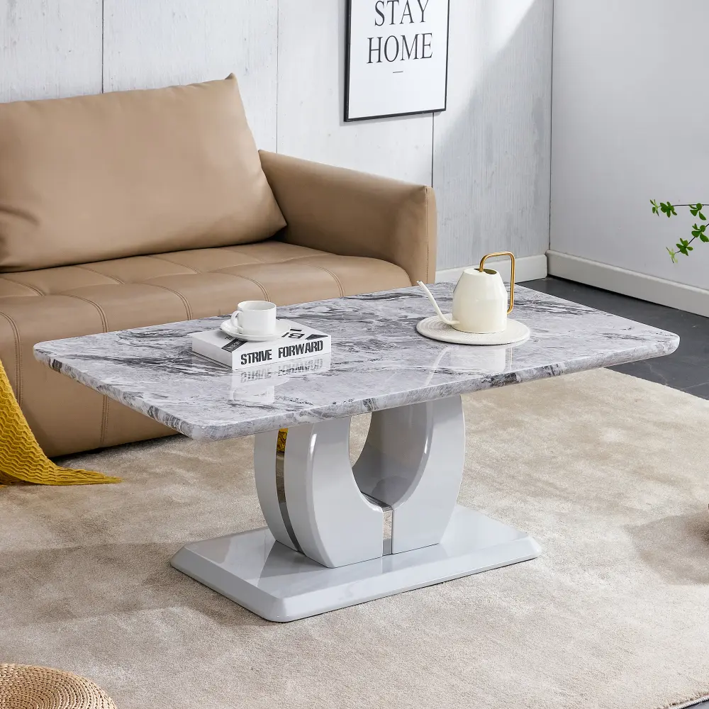 Modern Simple Wood-Color Rectangular Coffee Table - Multi-Use Living Room Tables with Sturdy Support, Thick Base, Easy Setup, Pedestal Tabletop for Computer, Gaming Use