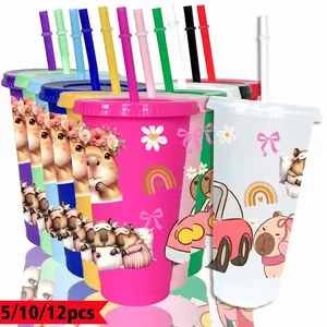 5/10/12pcs per pack party cold drink cups, with Capibara bow pattern, 26oz/780ml colored plastic party water cups, summer and spring cold drink cups, household kitchen/office tableware, outdoor party camping tableware, birthday party gifts, wedding/Mo