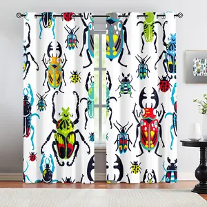 2 Panels Colorful Beetle Printed Curtains, Darkening Curtains, Cute Cartoon Bug Decoration Curtains for Kids Bedroom Living Room, Insect Pattern Room Darkening Window Treatments, Aesthetic Blackout Curtains