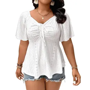 Women's plus size top, sweetheart collar, short sleeved shirt, small eyed embroidery, summer loose Pepsi shirt (1X-5X)RAIMENTRY