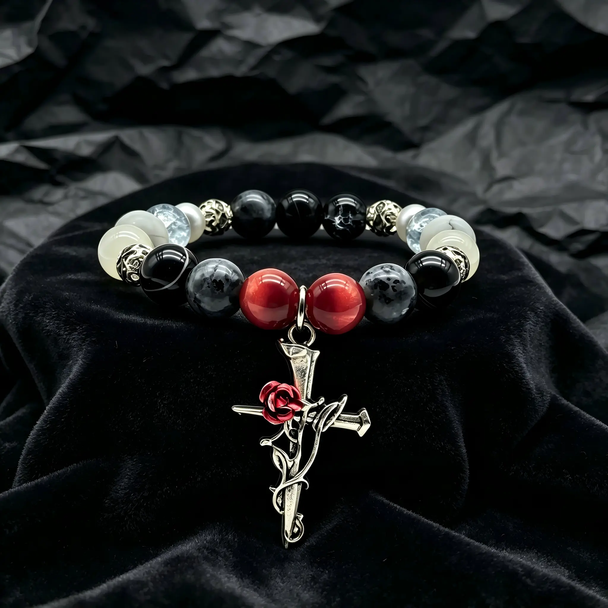 Adjustable Stretch Beaded Bracelet for Men-Women | Costume Jewelry with Cross Charm, Rose Charm, Blue Beads | Trendy Fashion Accessory Gift daily