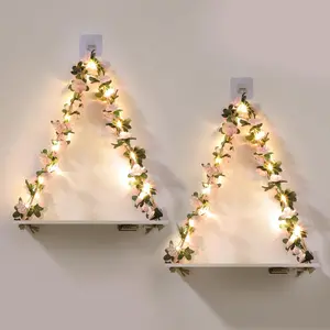 Floating Shelves for Wall No Drilling,Wall Shelves,Hanging Shelf,Leaves and Light Strip with Flower,Set of 2 Plant Decor for Home Livingroom Bedroom,Led Room Decor Aesthetic,Gift