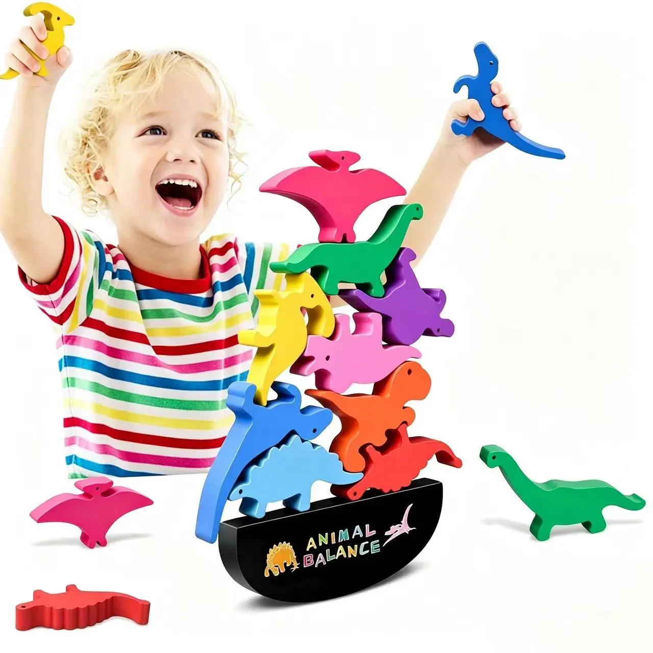Montessori Wooden Dinosaur Building Blocks - Stacking Balancing Set for 2-5 Year Old Boys/Girls, Promotes Teamwork, Safety First, Perfect Gift for Toddlers