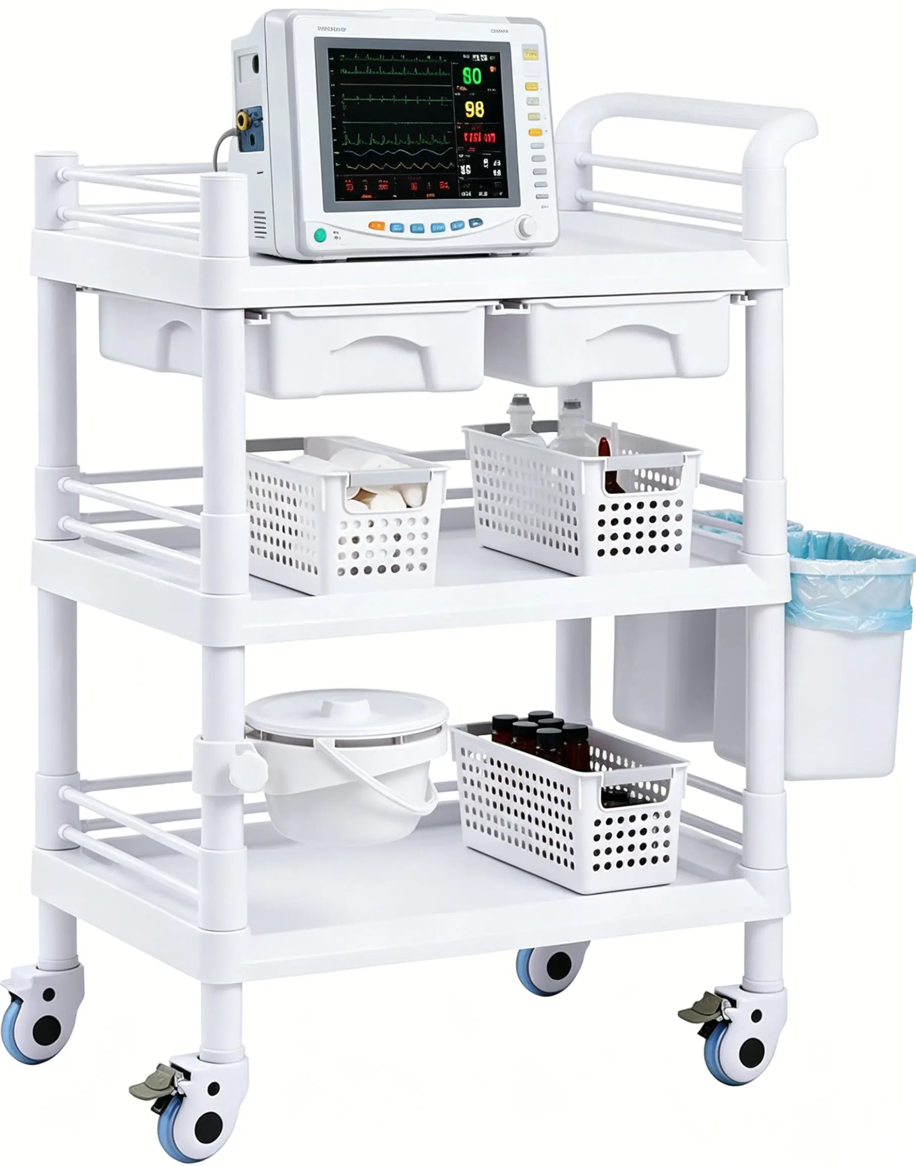 Medical mobile trolley cart, 3-tier professional utility cart, max load 110 lbs per shelf, 360° silent swivel casters, heavy-duty rolling storage cart with drawers and waste buckets, suitable for hospitals, dental clinics and laboratories.