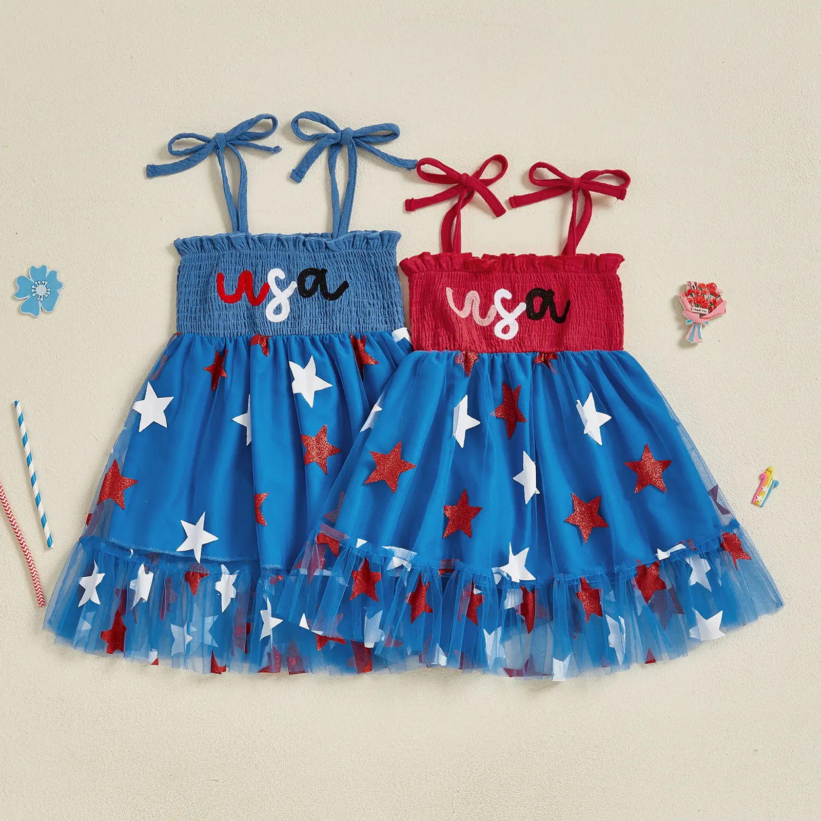 Toddler Baby Girl 4th of July Dress Sleeveless Tie Shoulder Star Print Tulle Dress Kids Smocked Dress 6M-7Y