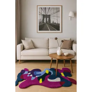 Purple Blobs Statement Rug - Vibrant Purple Lavender Blue Hues with Neon Yellow Accents Modern Home Decor Unique Design for Living Room