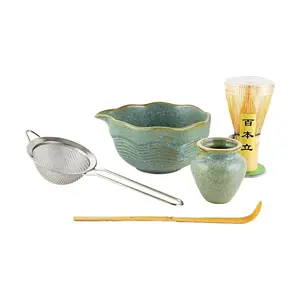 Golden Lion Japanese Matcha Tea Ceremony Set - 5-Piece Matcha Bowl, Whisk, Chasen Holder, Scoop & Sifter - "Canglan" Blue Glaze, Kiln-Fired Ceramic - Authentic Tea Ceremony Kit for Beginners & Experts