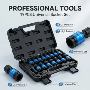 【summervibes】NANWEI 3/8" Drive Universal Impact Socket Set, 19 Pieces CR-MO Swivel Socket Set, Metric(8-22mm) Wobble Sockets 6 Point with Extension Bars, Adapter and Black Organizer