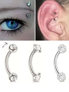 3pcs Minimalist Hip Hop 316 Stainless Steel Internal Thread CZ Double-Ended Eyebrow Stud/Lip Stud/Tongue Stud/Cartilage Stud/Multi-Function Piercing Jewelry Set, 16G Body Piercing Barbell 6/8/10mm