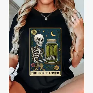 Unisex Cotton T-Shirt for Pickle Lovers – Tarot Card Skeleton Foodie Print WIU