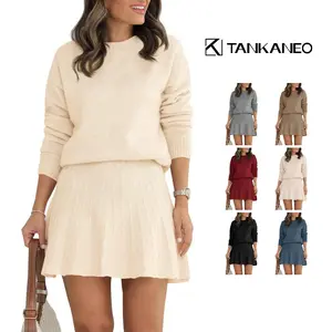 Tankaneo Womens Skirt 2 Piece Sweater Set Long Sleeve Crewneck Sweaters Pleated Mini Skirt Knit Lounge Sets